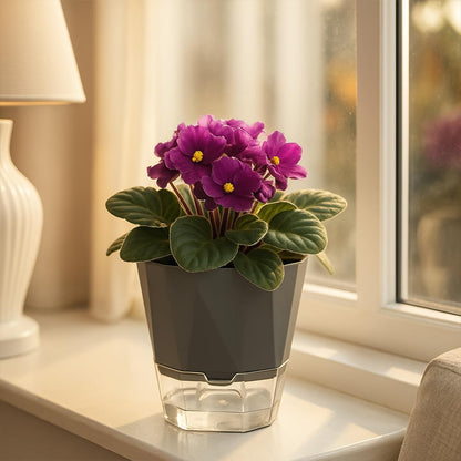 6 Pack Self Watering Pots for Indoor Plants, 5 Inches Self Watering Planters African Violet Self Watering Clear Pots for Plants Herb Orchid Flower Houseplant, Dark Grey