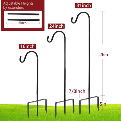 EXCMARK 2 Pack Shepherd Hook Adjustable Height 31/24/16’’ 1/2 inch Thick Use at Weddings, Hanging Solar Lights, Lanterns, Bird Feeders, Metal Hanger Hook (Black, 31 inch). U.S. Patent.