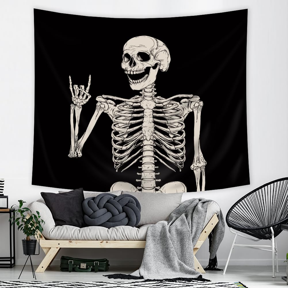Riyidecor Skull Skeleton Tapestry Wall Hanging 51Hx59W Inch Funny Black and White Theme Home Decor for Men Women Gothic Hippie Halloween Bohemian Terror Rock and Roll Bedroom Living Room Dorm WW-SOKA