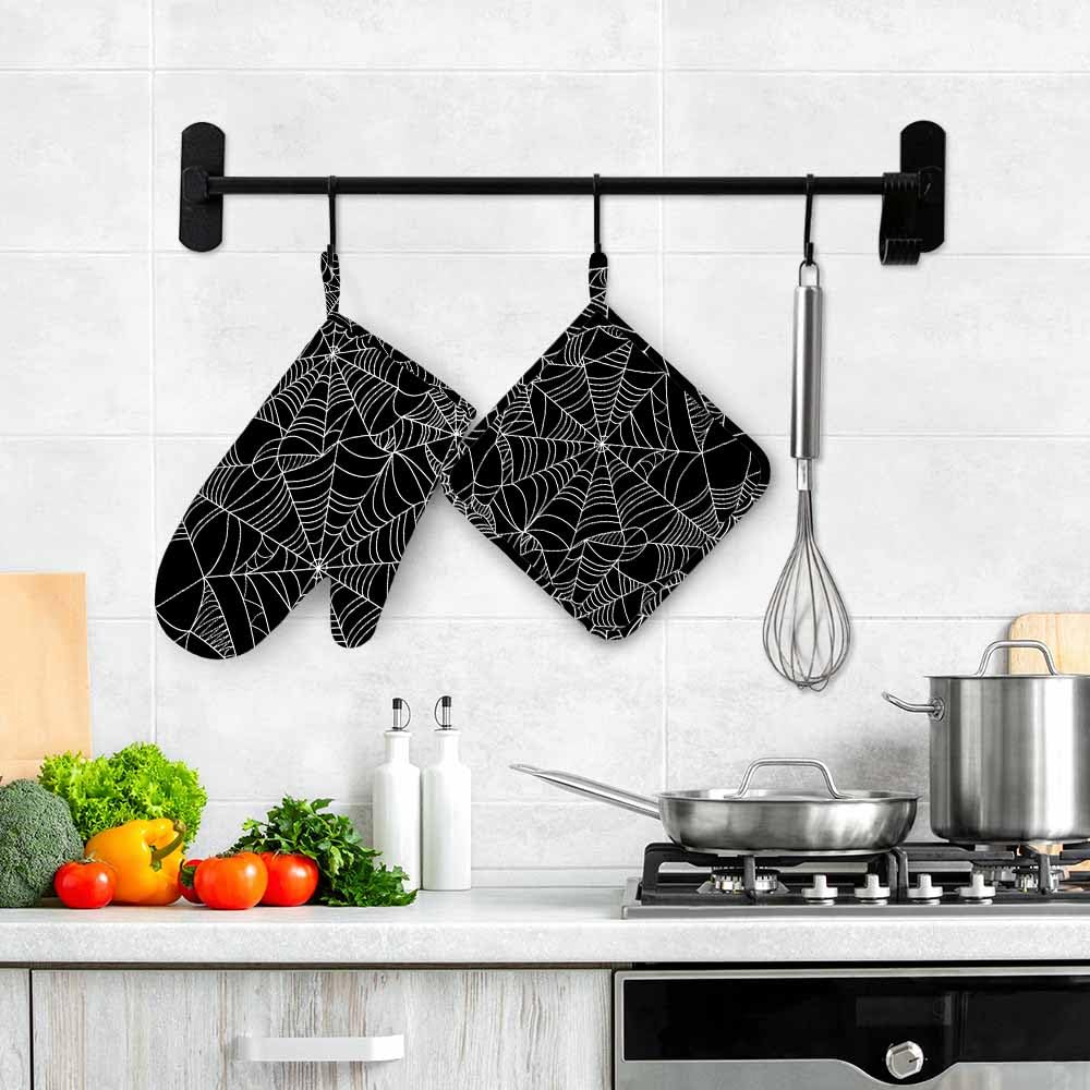Mxocom Black and White Halloween Spider Web Oven Mitts and Pot Holders Sets Silicone Heat Resistant Kitchen Oven Gloves Pot Holder for Cooking