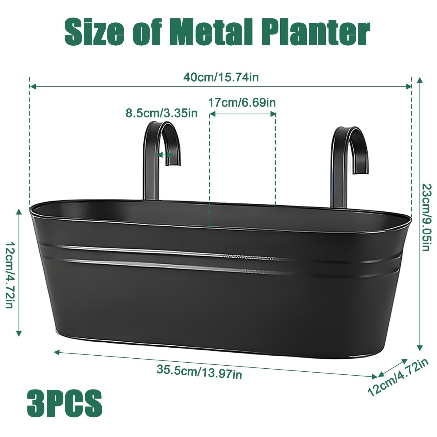 MICOKAY 3 PCS Deck Planters for Railing, 16 Inch Porch Railing Planters with Detachable Hooks and Drain Holes, Oval Hanging Flower Pots for Fence Garden, Black Metal Outdoor Planter Boxes