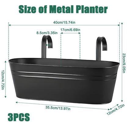 MICOKAY 3 PCS Deck Planters for Railing, 16 Inch Porch Railing Planters with Detachable Hooks and Drain Holes, Oval Hanging Flower Pots for Fence Garden, Black Metal Outdoor Planter Boxes