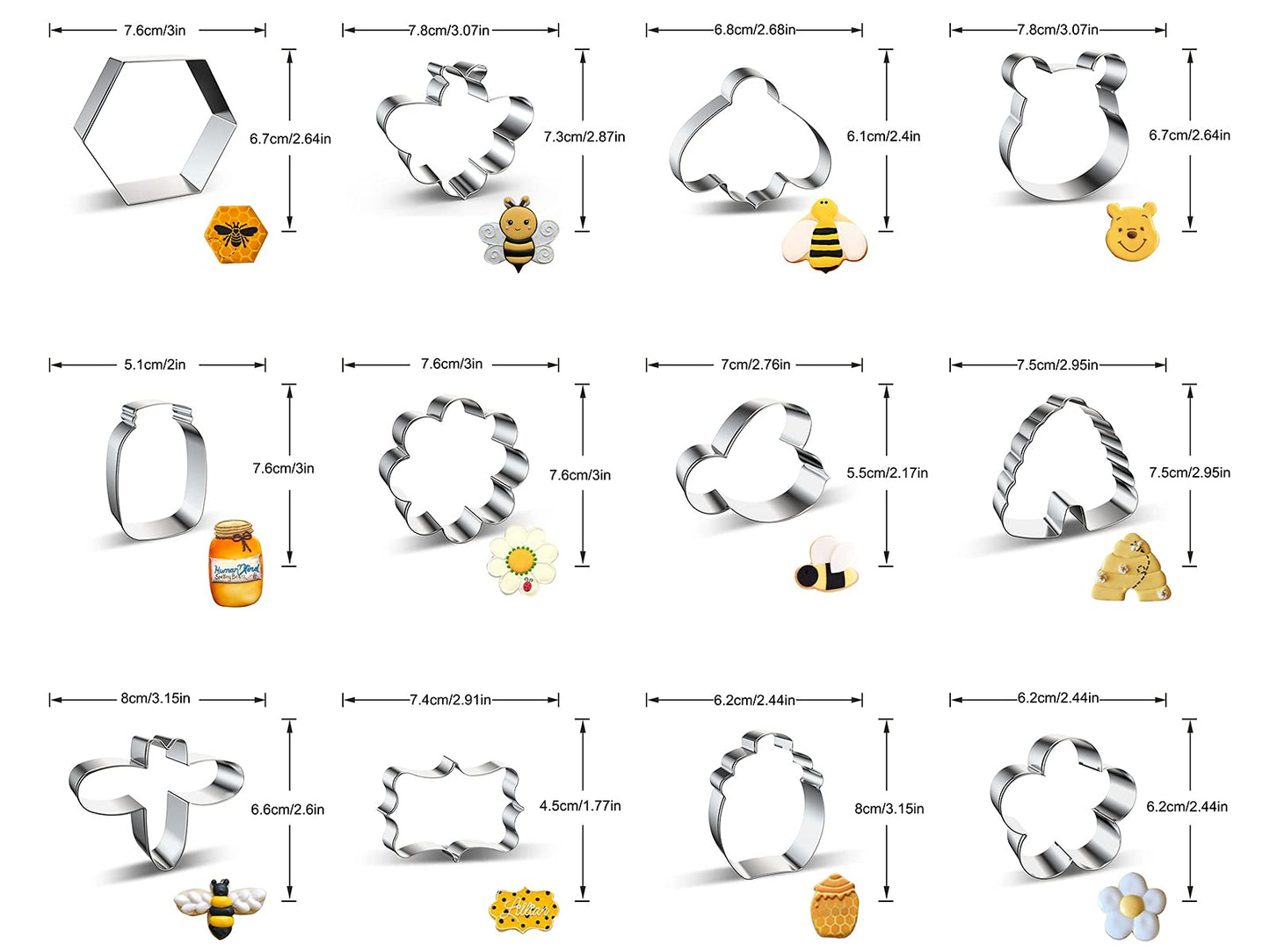 Bee Cookie Cutters Set Small Mini - 3 Inch - 12 Pieces Stainless Steel Biscuit Mold Cutter with Bee, Hexagon Honeycomb, Beehive, Flower, Honey Jar, Plaque Frame, Cartoon Bear Head Shapes Cookie Cutter
