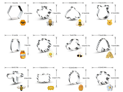 Bee Cookie Cutters Set Small Mini - 3 Inch - 12 Pieces Stainless Steel Biscuit Mold Cutter with Bee, Hexagon Honeycomb, Beehive, Flower, Honey Jar, Plaque Frame, Cartoon Bear Head Shapes Cookie Cutter