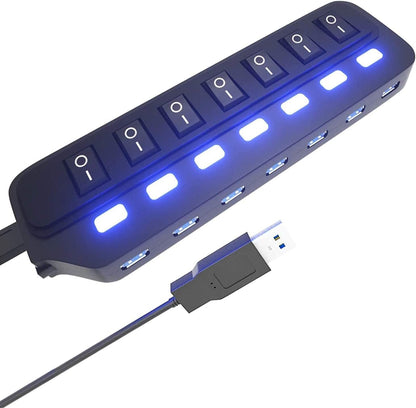 USB Hub 3.0, 7 Port USB Hub Splitter with Individual On/Off LED Switches, 5Gbps HighSpeed Data USB Extension for Laptop, iMac, USB Flash Drives, Mobile HDD, Printer, Camera and More