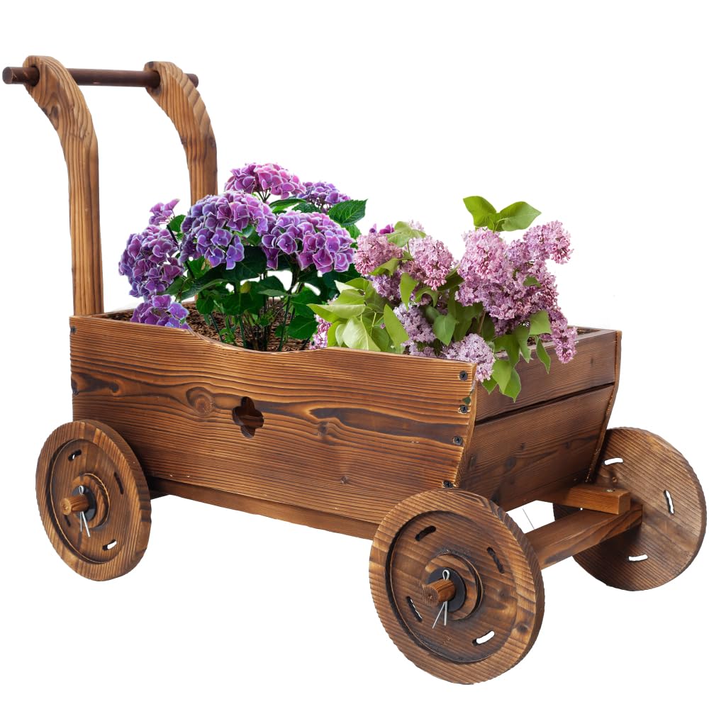 Endvler Wooden Garden Wagon Decor with Wheels, Mobile Garden Planter with Handle and Drain Hole, Decorative Wagon Cart Rustic Flower Planter Flower Cart for Patio, Garden, Balcony (Style B)