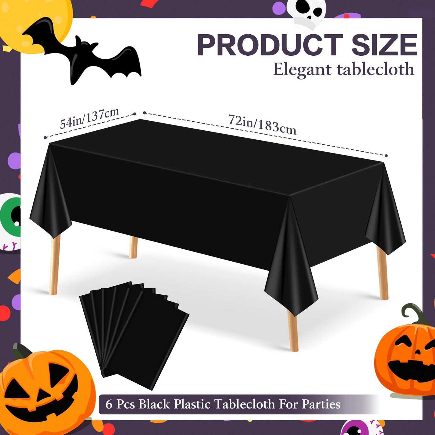 mwellewm 6 Pcs Black Plastic Tablecloth 54 x 72 Inch Disposable Table Cloths, Party Decorations Rectangle Plastic Cover Tablecloth for Graduation Picnic Home Decor Indoor or Outdoor Parties Birthday