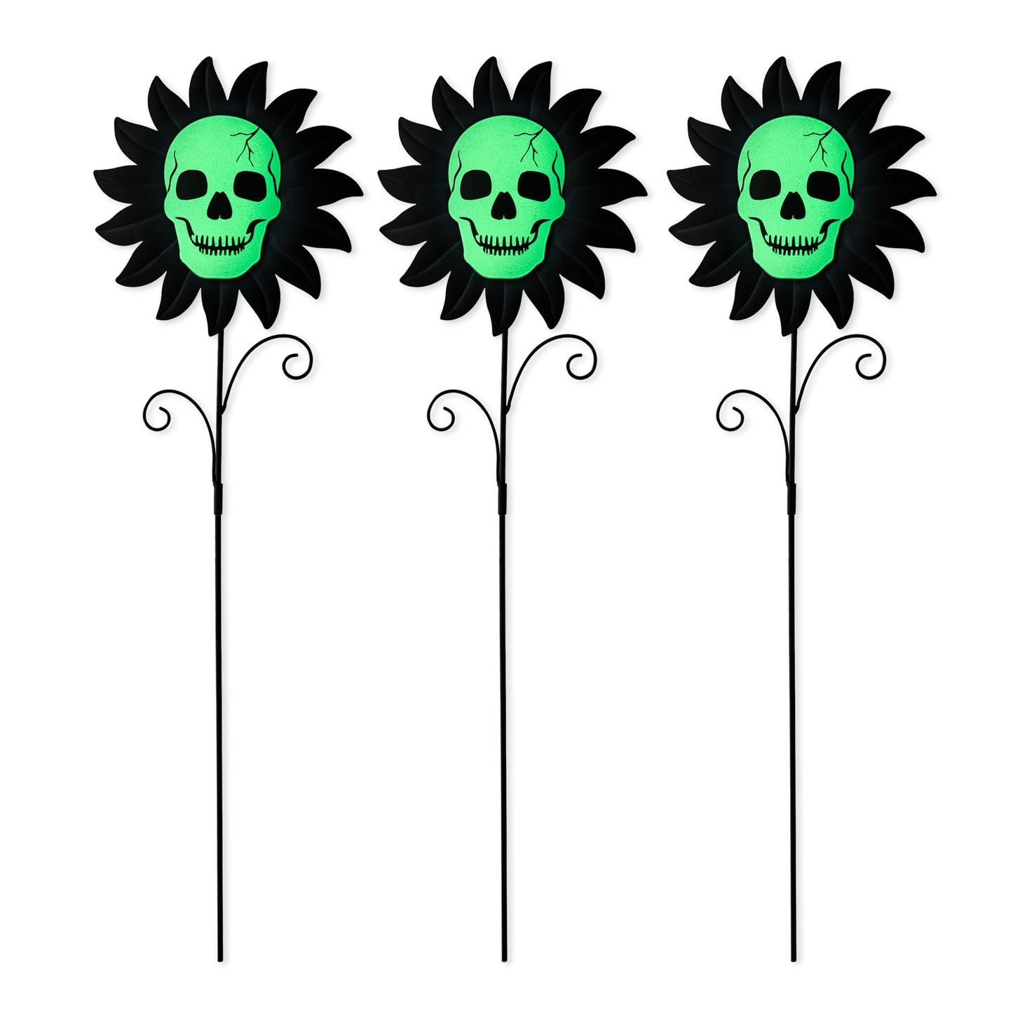 Glitzhome Set of 3 Glow in Dark Halloween Sunflower Skulls Metal Yard Stake, 24" Metal Yard Sign or Wall Decor for Outdoor