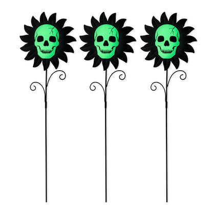 Glitzhome Set of 3 Glow in Dark Halloween Sunflower Skulls Metal Yard Stake, 24" Metal Yard Sign or Wall Decor for Outdoor
