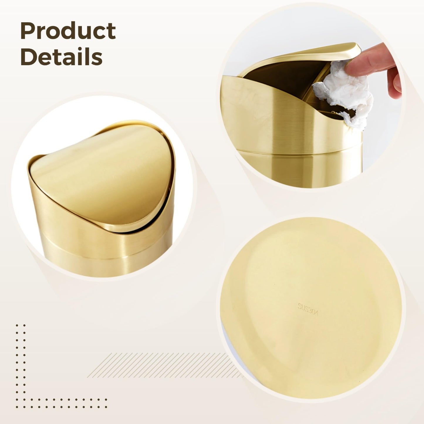 DORMIYA Mini Gold Trash Can, Stainless Steel Desktop Garbage Bin with Swing Lid, Small Countertop Waste Basket for Bathroom Office Car Kitchen, Portable Table Trash Container with Removable Cover