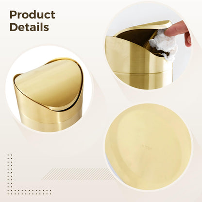 DORMIYA Mini Gold Trash Can, Stainless Steel Desktop Garbage Bin with Swing Lid, Small Countertop Waste Basket for Bathroom Office Car Kitchen, Portable Table Trash Container with Removable Cover