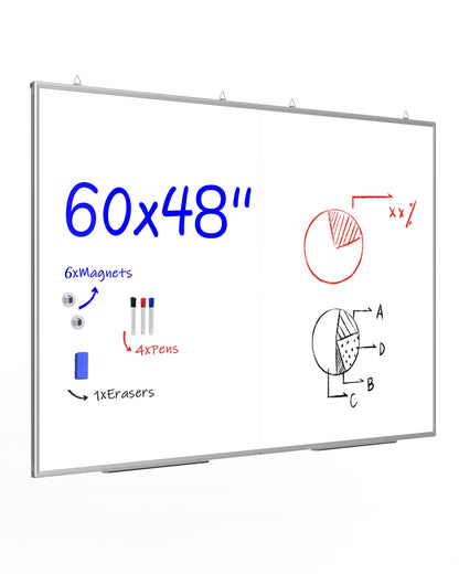 60"X 48" Large Magnetic Dry Erase Whiteboard, Wall Hanging Board with 4 Pens & 1 Dry Erasers & 6 Magnets, Sliver Aluminum Frame White
