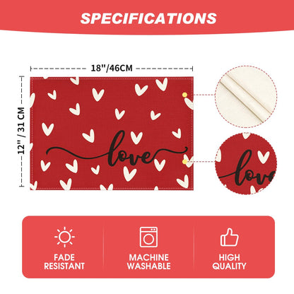 Artoid Mode Red Love Hearts Placemats Set of 4, 12x18 Inch Seasonal Anniversary Holiday Table Mats for Party Kitchen Dining Decoration