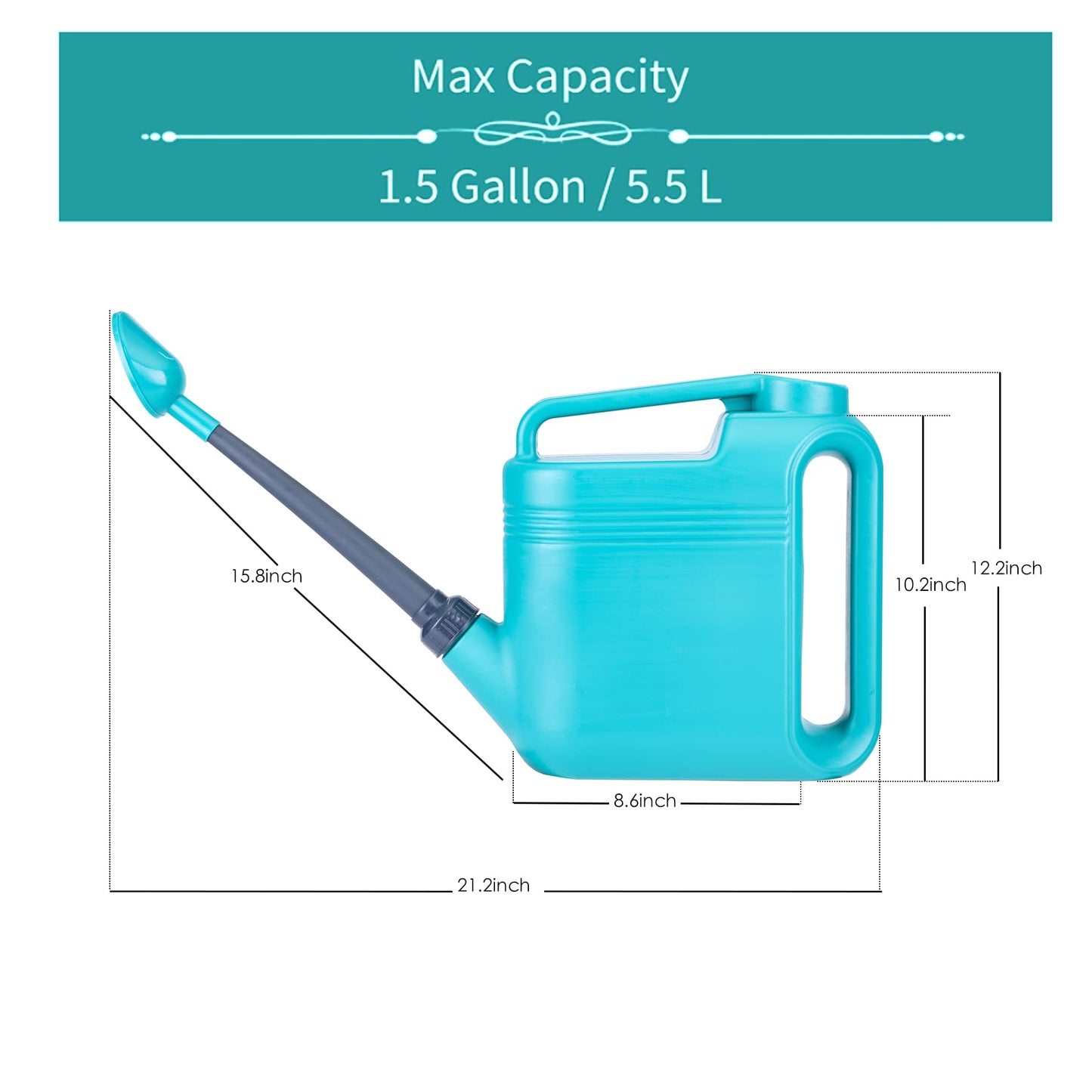 1.5 Gallon Watering Can for Outdoor & Indoor Plants, Large Garden Watering Pot with Lightweight and 5.5L Capacity, Plastic Watering Can with Long Spout and Metal Removable Sprinkler Head - Aquamarine
