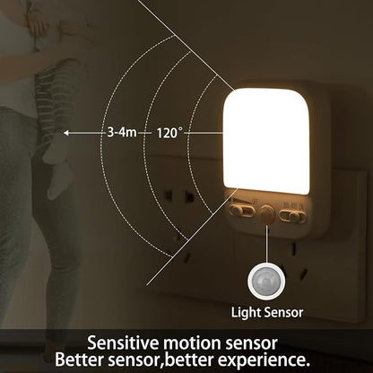 LED Night Light Plug into Walls, Plug-in, Dusk to Dawn Motion Sensor with 4 Lighting Modes, Brightness Adjustable Warm White, Energy Efficient, Ideal Nightlight for Elderly, Baby, Kids (2 Pack)