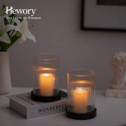 Hewory Ribbed Hurricane Candle Holder: Black Votive Candle Holders Set of 2, Glass Hurricane with Metal Candle Plate, Pillar Candle Holder for Table Centerpiece Christmas Wedding Holiday Home Decor