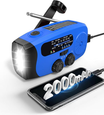 Hand Crank Radio with AM/FM/NOAA Weather Bands,for Emergencies, Camping | 3 LED Flashlights,SOS Function,Solar Powered,Hand Cranked, 2000mAh/7400mWh Charger,for Power Outage - Blue