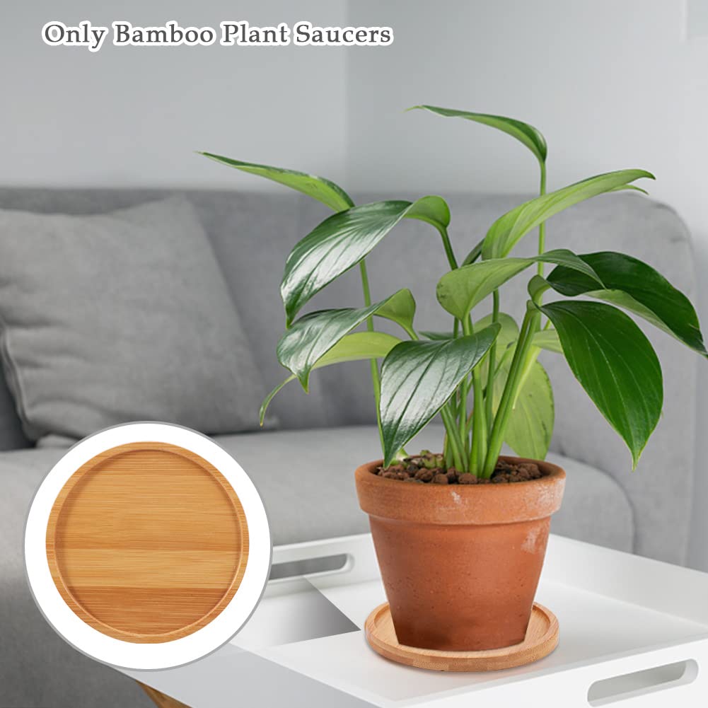 Qirvaten 4 Pack Bamboo Plant Pot Saucers, 4.7 Inch Round Bamboo Coaster Plant Drainage Tray Cork Wood Drip Pads Plates for Owl Pots Succulent Pots, Flower Pot