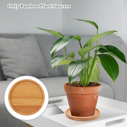 Qirvaten 4 Pack Bamboo Plant Pot Saucers, 4.7 Inch Round Bamboo Coaster Plant Drainage Tray Cork Wood Drip Pads Plates for Owl Pots Succulent Pots, Flower Pot