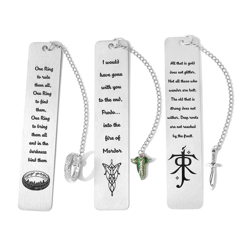 3Pcs Fantasy Bookmark Set - Metal Bookmarks with Elvish Leaf Pendant, Sword Charm & Evenstar Engraving, Epic Quotes Carved Jewelry for Book Lovers, Dark Academia Gifts for Readers (3Pcs-Silver)