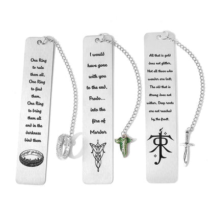 3Pcs Fantasy Bookmark Set - Metal Bookmarks with Elvish Leaf Pendant, Sword Charm & Evenstar Engraving, Epic Quotes Carved Jewelry for Book Lovers, Dark Academia Gifts for Readers (3Pcs-Silver)