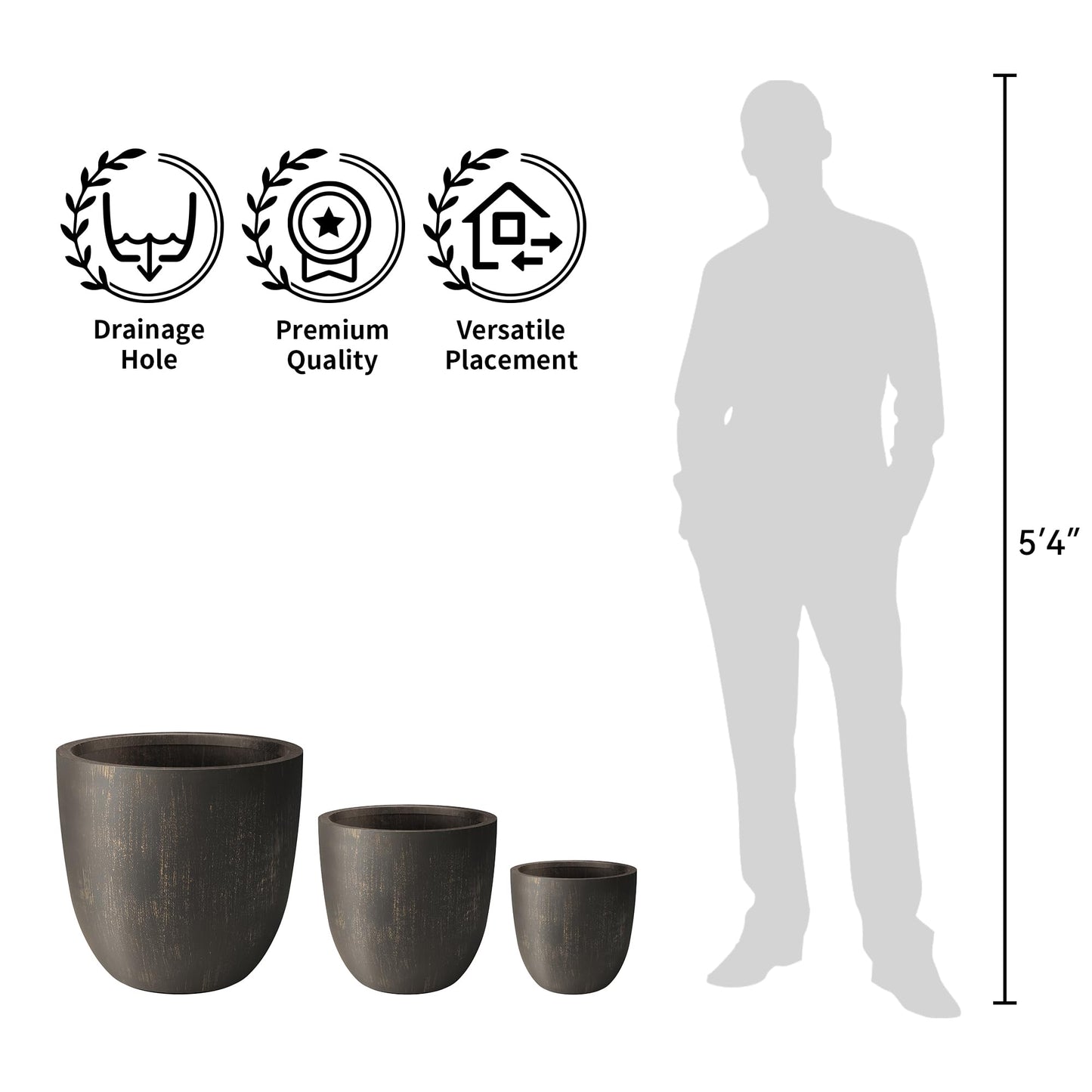 Kante Round Concrete Planter Set of 3, Large Outdoor Indoor Plant Pots with Drainage Hole, 10/14/18-Inch Diameter Flower Pots for Patio, Garden and Home, Antique Bronze