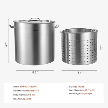 VEVOR Stainless Steel Stockpot, 100 Quart Large Cooking Pots, Cookware Sauce Pot with Basket, Lid, and Handle, Heavy Duty Commercial Grade Stock Pot, Sanding Treatment, for Large Groups Events Silver