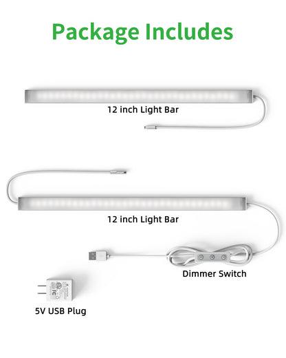 Vovamo Plug-in Under Cabinet Lighting, Dimmable Counter Lights for Kitchen, 2pcs 12 Inch, Cold White 6000K Linkable USB Led Closet Light, Wired Indoor Night Lights Bar for Desk, Sink,Workbench