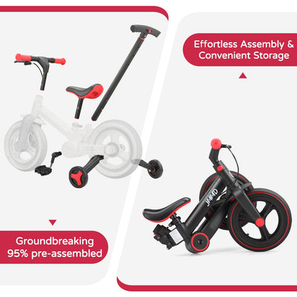 JMMD Toddler Bike with Push Handle for Kids 18-60 Months, 6 in 1 Foldable Push Bike with Training Wheels, Pedals, Brakes, Kickstand, Kid Balance Bike Gift & Toys for Boy & Girl, Black