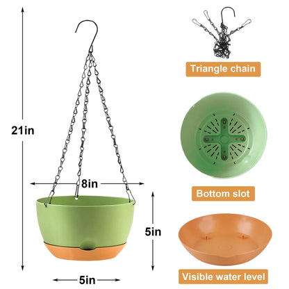 KPUVX 4 Pack Plastic Hanging planters for Indoor Plants,8 Inch Plant Pot Indoor Outdoor Hanging Baskets,Hanging Flower Pots with Drainage Holes and Chain for Garden Porch Plants (Green)