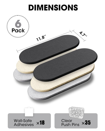 Cork Board Alternative, Felt Bulletin Board for Walls, 6-Pack 11.8"x4.7" Pin Board Wall Organizer with 35 Push Pins, Adhesive Install Wall Decor for Office, Classroom, Home, Desk Accessories