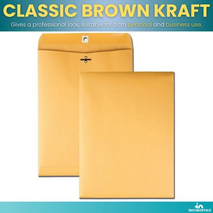 1InTheOffice Clasp Envelopes 10x13, Catalog Envelopes, Heavy-duty Clasp and Gummed Closure, Brown Kraft, 100/Pack
