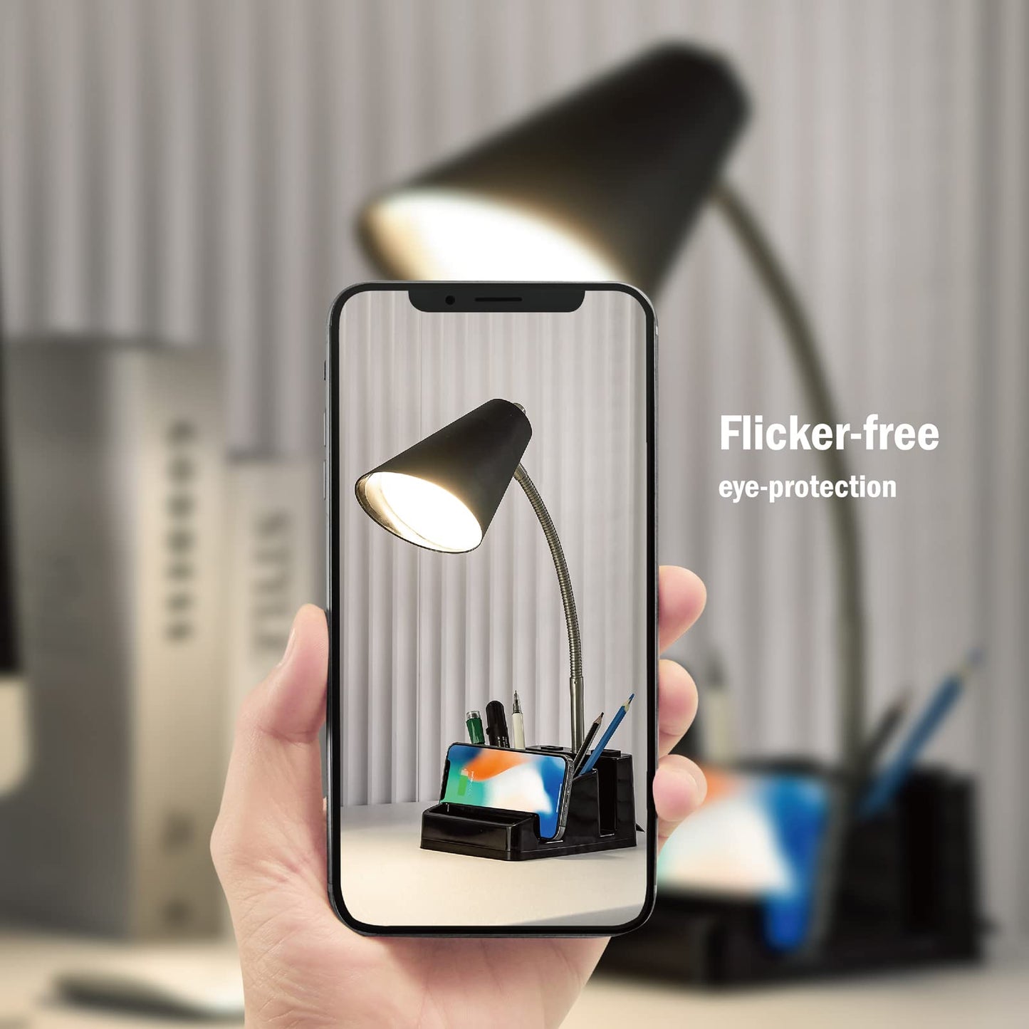 LED Desk Lamp with 1 USB Charging Port and 1 AC Outlet, Organizer Base, Adjustable Neck, On/Off Switch, Modern Table Lamp for Reading, Working, Studying, Gentle Warm White Light, Eye Protect(Black)