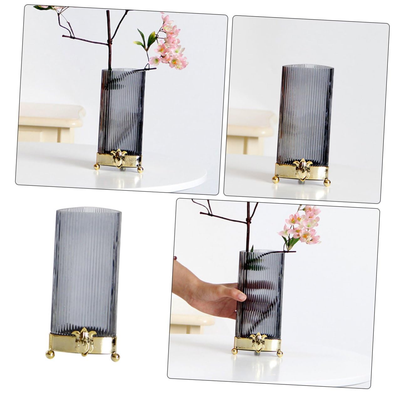 NUOBESTY Glass Flower Vase with Iron Base, Angular Shape Design, Gray Decorative Terrarium Vase for Hydroponic Plants and Home Table Centerpieces