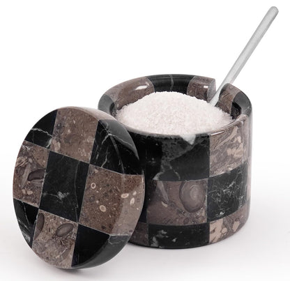 Marble Salt Cellars with Lid and Spoon 3" Black and Oceanic Stone Containers for Kitchen Countertop Storage, Ideal Use For Spice Jars, Sugar Bowl, and Easter Decorations Kitchen