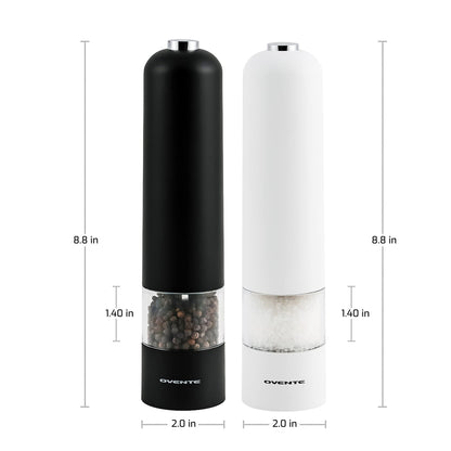 OVENTE Set of 2 Electric Salt & Pepper Mill Grinder, Battery Powered Stainless Steel Blades Automatic One Handed Operation with light and Adjustable Coarseness, Black and White SPD102BW