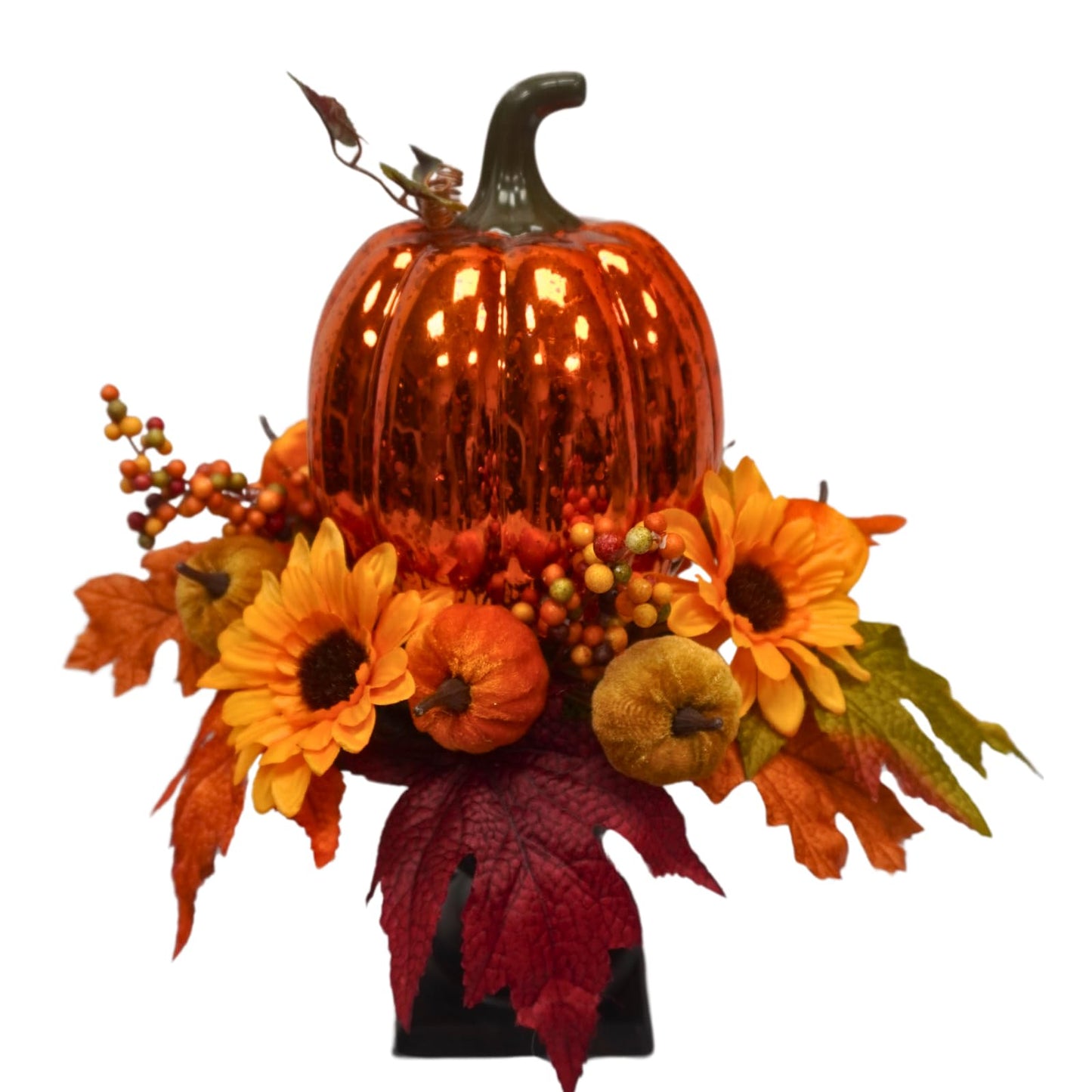 Svndlyn 15 Inch Lighted Pumpkin Fall Table Decoration Indoor Outdoor Table Centerpieces,Artificial Pumpkin with Maple Leaves Berries and LED Lights for Fall Table Centerpieces Thanksgiving Decor