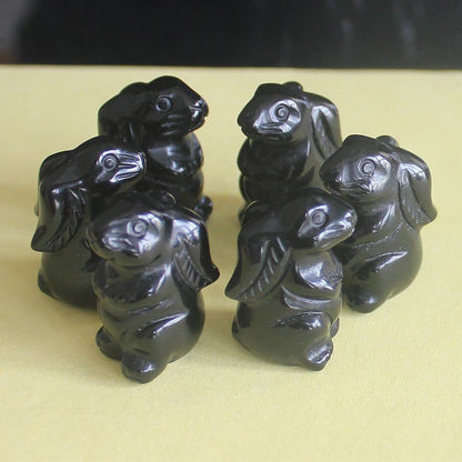 2pcs (Pair Mini Hand Carved Mixed Gemstone Crystal Rabbit Bunny Animal Figurine Animal Carving (Black Obsidian)