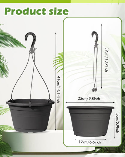 VIDELLY 4 Pcs Hanging Planters,10" Hanging Pots Plastic Hanging Flower Plant Basket with Drainage Trays & Chain Holder for Outdoor Indoor Plants Garden Balcony Decoration, Dark Gray