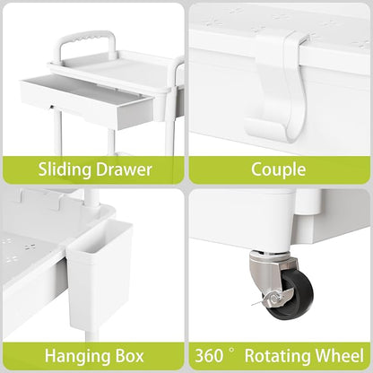 Sorgion 3 Tier Rolling Cart Organizer,Laundry Room Bathroom Organizers and Storage Office Shelves Mobile Shelving Unit Kitchen Trolley Cart with Wheels for Art,Craft,Diaper,Bedside,Snack(White)