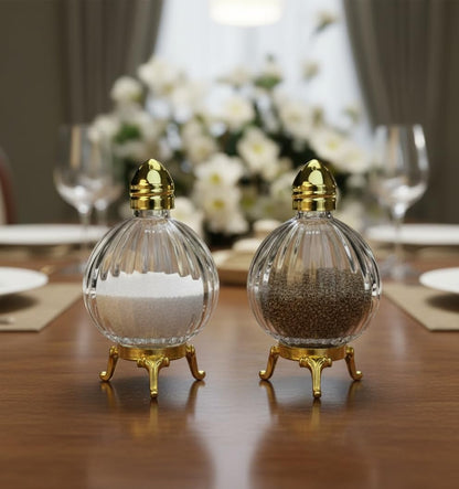 Decorative Glass Salt and Pepper Shakers, Globe Design, Gold-Silver Tone Metal Stand, Set of 2 (Gold)