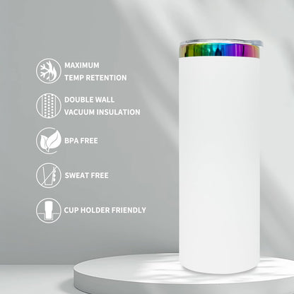 FunTrans 20 oz Skinny Tumblers Stainless Steel Tumbler with Lid and Straw Double Wall Vacuum Insulated Coffee Mug 20oz Powder Coated Cup for Hot and Cold Drinks(White,1 pack)