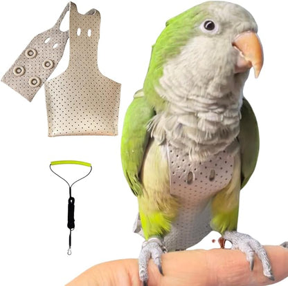 Premium Genuine Cowhide Bird Flight Harness Anti Bite Breathable Parrot Diaper Parrot Suit with Leash for Parakeet Conure Quaker Flying Clothes Rope and Handle (with Leash,Pigeon)