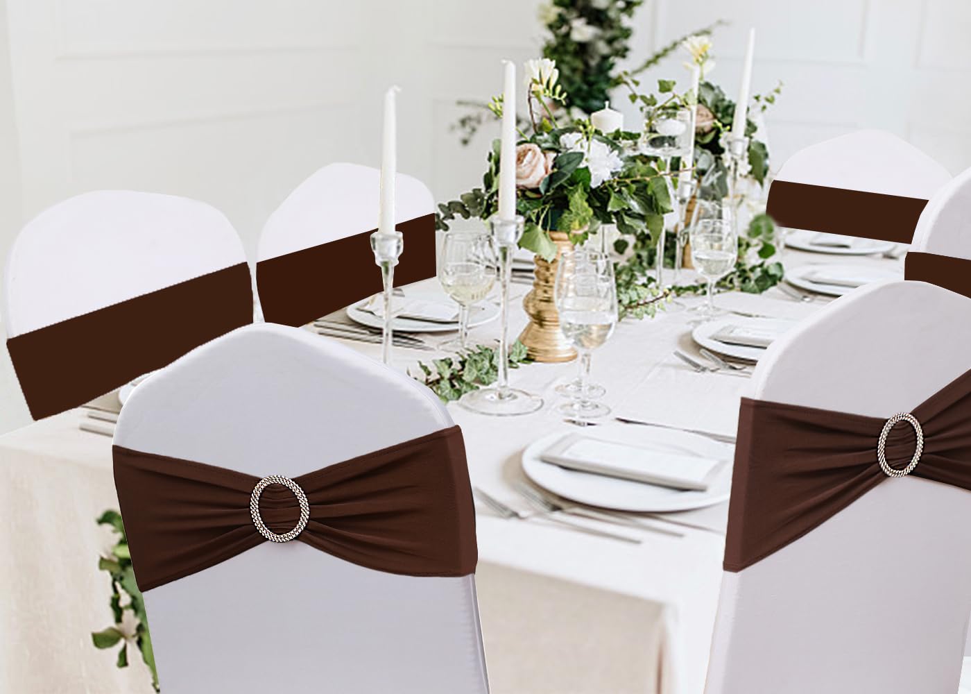 JFDYDM Brown Chair Sashes 50 Pack, Spandex Brown Chair Bows Bands with Buckle Slider for Folding Chairs Wedding Party Birthday Decor, Chair Ties