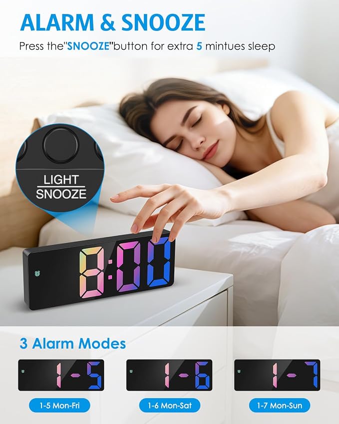 AMIR Digital Alarm Clock Large Display, LED Alarm for Bedroom, USB/Battery Powered Bedside Alarm Clock with Snooze, 12/24H, 3 Adjustable Brightness, Temperature, Desk Clock for Home, Office, Colorful