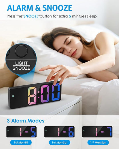 AMIR Digital Alarm Clock Large Display, LED Alarm for Bedroom, USB/Battery Powered Bedside Alarm Clock with Snooze, 12/24H, 3 Adjustable Brightness, Temperature, Desk Clock for Home, Office, Colorful