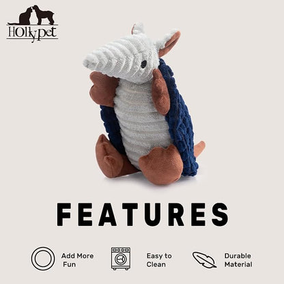 Hollypet Plush Dog Squeaky Toy Stuffed Armadillo Animal Pet Puppy Chew Toys with Clean Teeth for Small Medium Large All Breed Sizes Dogs, Ultramarine, 8 in