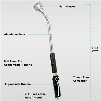 RESTMO Long Watering Wand, 24 Inches Gentle Soft Full Shower Sprayer Wand with Thumb Flow Control, Heavy Duty Metal Hose Wand for Hanging Baskets, Shrubs, Plants, Flowers, Garden and Lawn, Silver