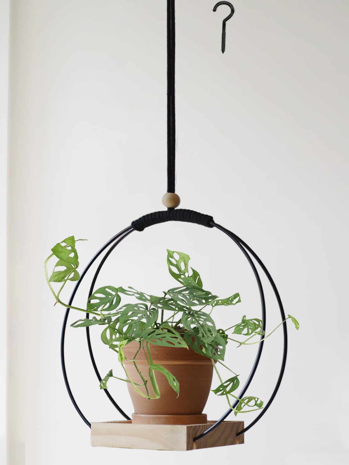 Dravmola Plant Hanger with Wood Base - Boho Macrame Hanging Plant Holder for Indoor Plants Hanging Planter for Wall /Window/Room Decor Black (Pot & Plant Not Included)