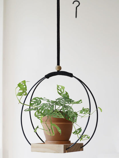 Dravmola Plant Hanger with Wood Base - Boho Macrame Hanging Plant Holder for Indoor Plants Hanging Planter for Wall /Window/Room Decor Black (Pot & Plant Not Included)